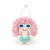 A pink fluffy plush animal with blue goggles and a light green bib attached to a white string keychain.