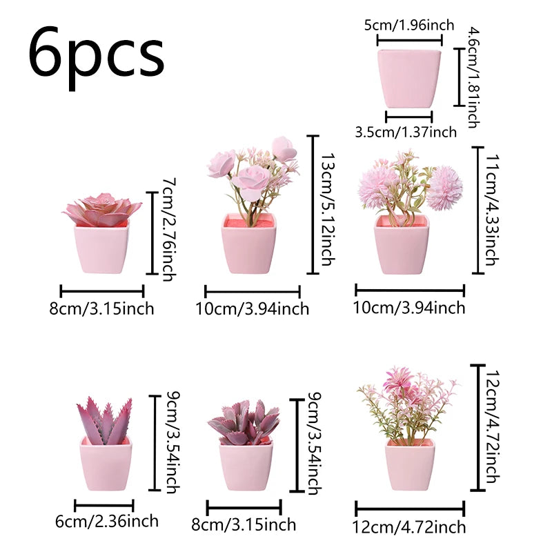 A set of six artificial pink potted plants in various sizes and shapes.