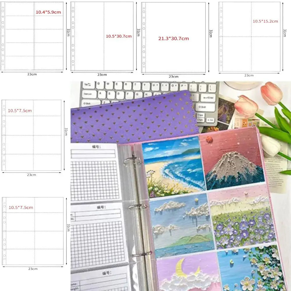 Un set de hojas para álbumes de photocards Kpop A4 con diferentes tamaños de cuadrícula y diseños decorativos.