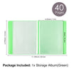 A green storage album with 40 pages is shown, measuring 6.375 inches by 11.125 inches.