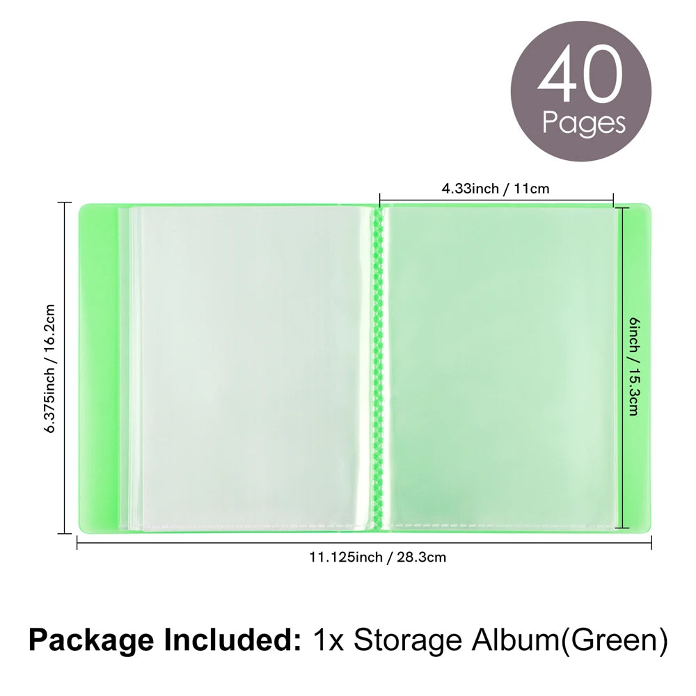 A green storage album with 40 pages is shown, measuring 6.375 inches by 11.125 inches.