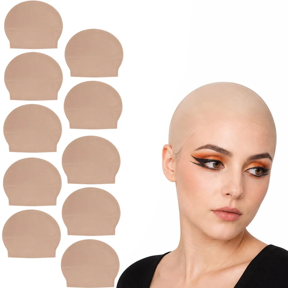 A model is shown wearing a realistic latex bald cap, with several spare caps displayed next to it.