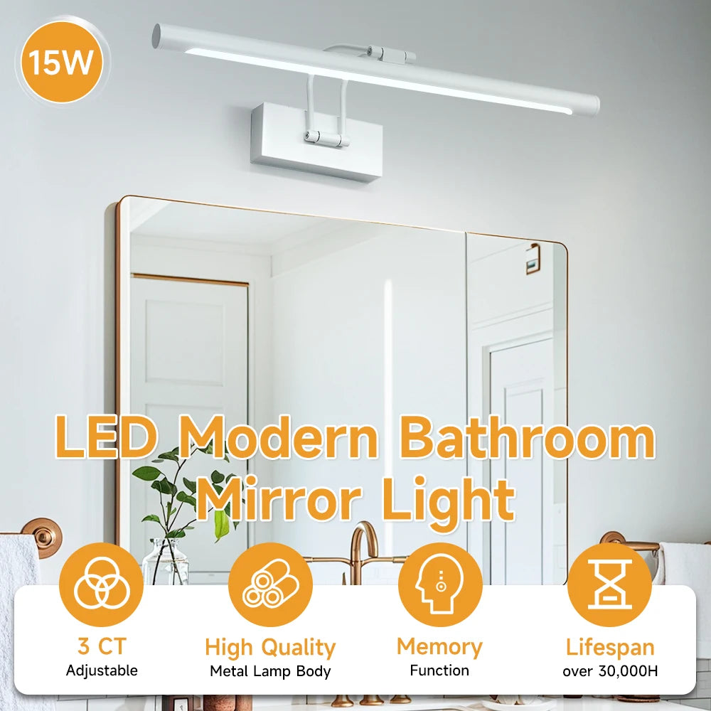 Modern LED bathroom mirror light featuring a long bar fixture and a large mirror.