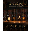 A display of five enchanting shelf-side glow items including a witch hat ghost lantern and pumpkin on a wooden bookshelf.