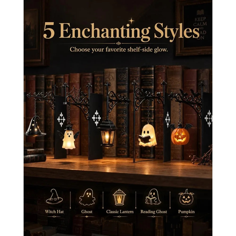 A display of five enchanting shelf-side glow items including a witch hat ghost lantern and pumpkin on a wooden bookshelf.