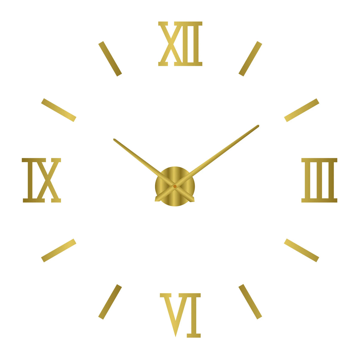 A gold-colored analog clock face with Roman numerals and golden hands against a white background.