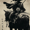 A black and white woodblock print depicting a samurai figure riding a horse, likely from the Ghost of Yotei series.
