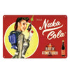 A vintage metal wall sign featuring a woman holding a green straw and a bottle of Nuka Cola against a red background.