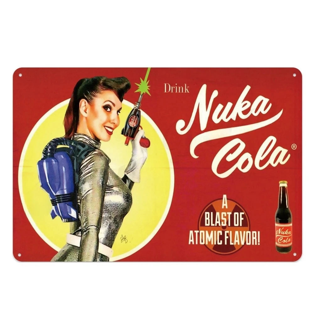 A vintage metal wall sign featuring a woman holding a green straw and a bottle of Nuka Cola against a red background.