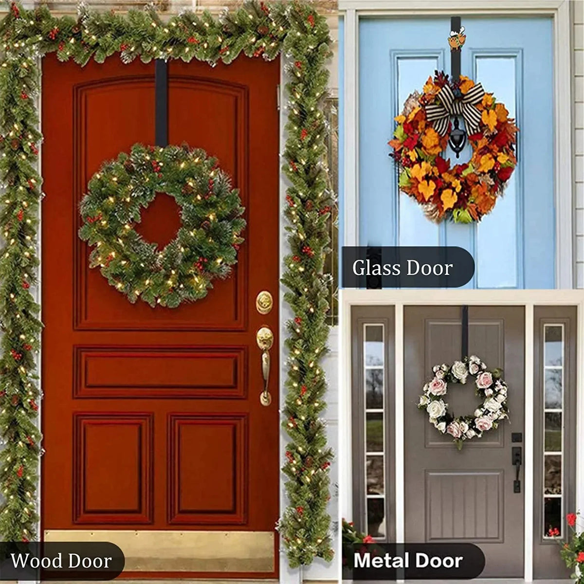 Garniture décorative en métal pour porte, vue de près sur une porte en verre bleu clair et une porte en bois brun.