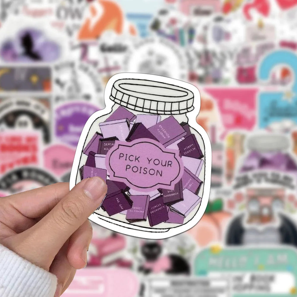 A hand holds a clear jar of purple and pink reading stickers on a colorful background.