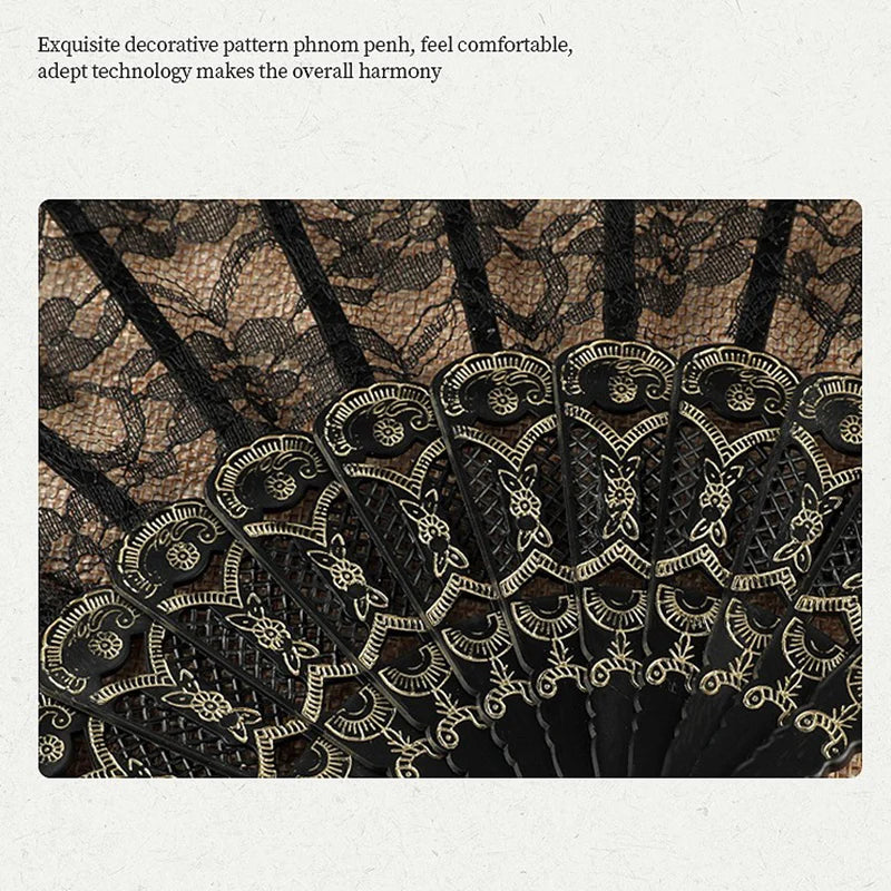 A close-up of an elegant black lace folding hand fan with intricate floral patterns.