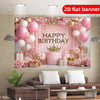 2D flat banner featuring an elegant pink and gold happy birthday backdrop with balloons and roses