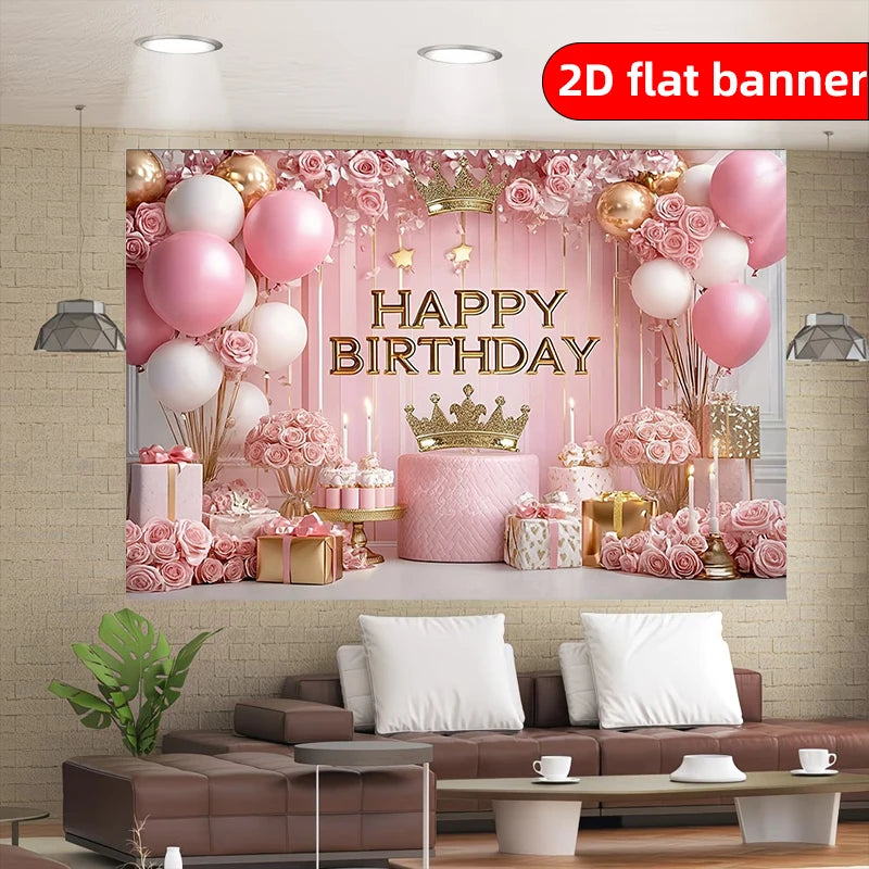 2D flat banner featuring an elegant pink and gold happy birthday backdrop with balloons and roses