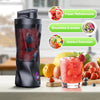 A black portable blender is shown with various fruit and vegetable preparations like frozen refreshments, smoothies, and nutr