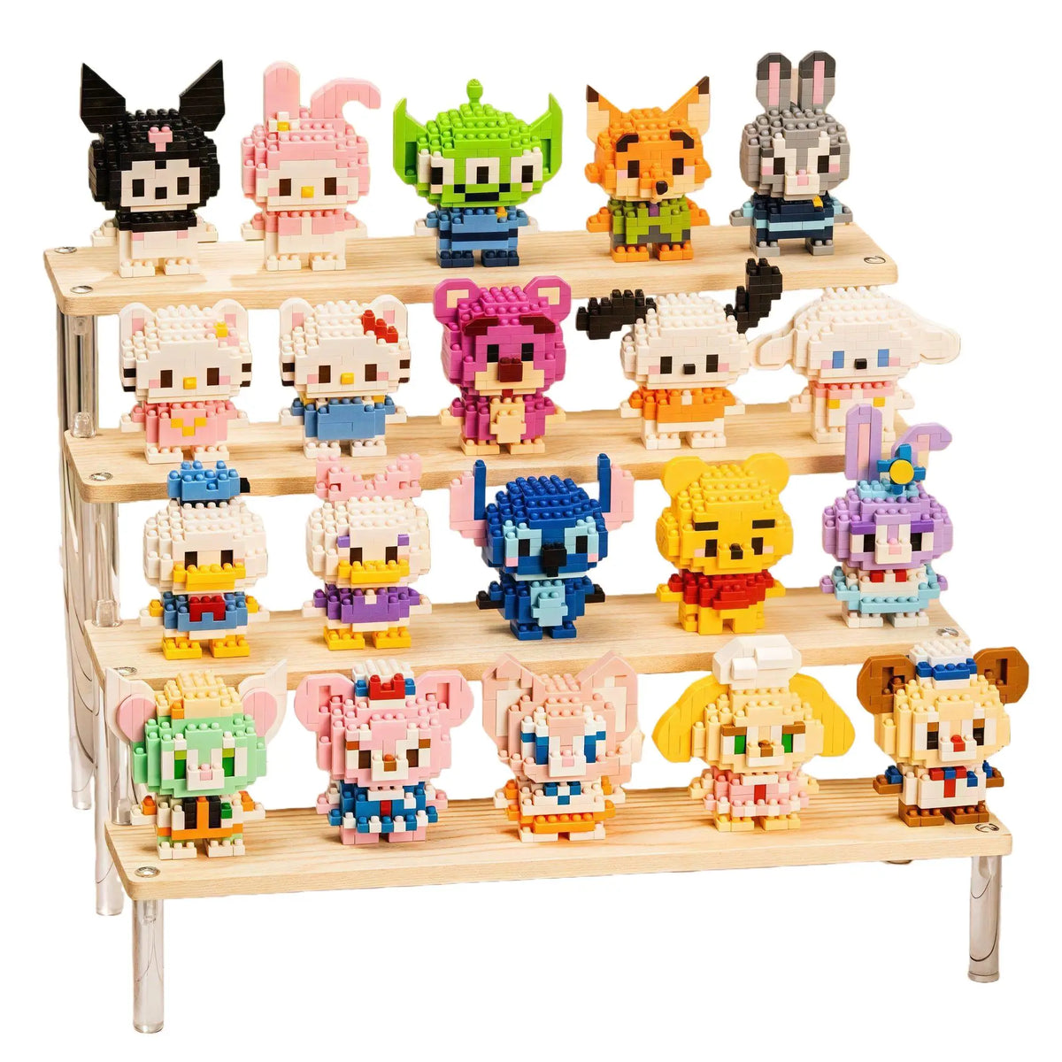 A wooden display shelf holds various colorful animal micro building block figures in different poses and colors.