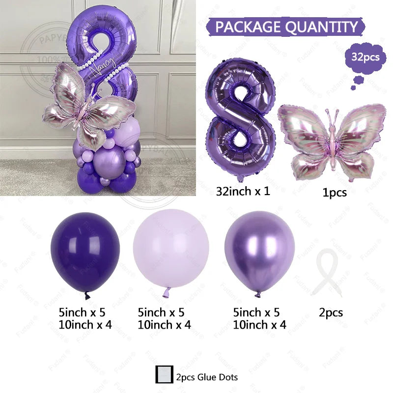 Set de globos morados con el número 8 y formas de mariposa para fiestas