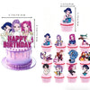 A set of anime hunter girl cake toppers featuring various characters in pink and purple colors.