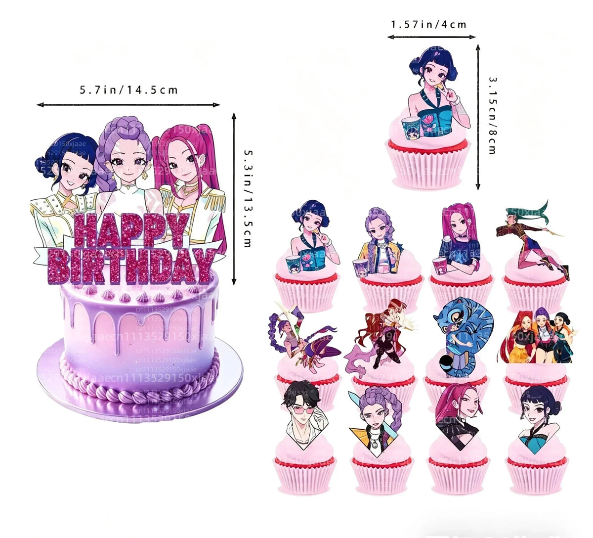 A set of anime hunter girl cake toppers featuring various characters in pink and purple colors.