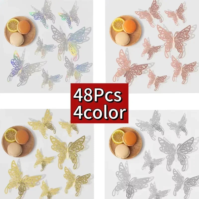 A collection of 48 decorative 3D butterfly wall stickers in various colors and finishes for home decor.