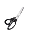 Stainless steel pinking scissors with a zig zag blade shown from the side.
