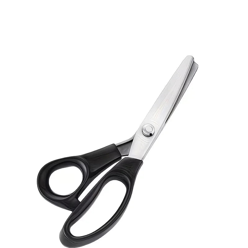 Stainless steel pinking scissors with a zig zag blade shown from the side.