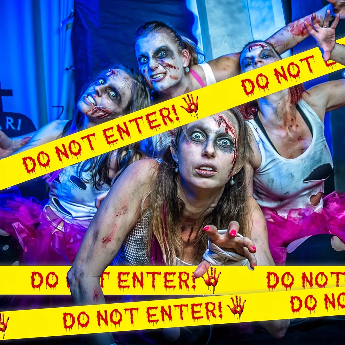 Halloween Caution Tape with Bloody Handprints