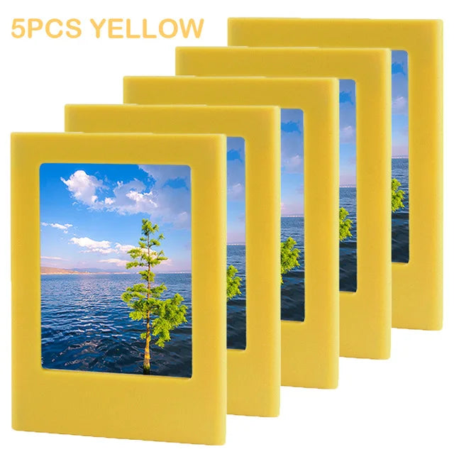 Five yellow magnetic photo frames displaying a scenic landscape and trees.
