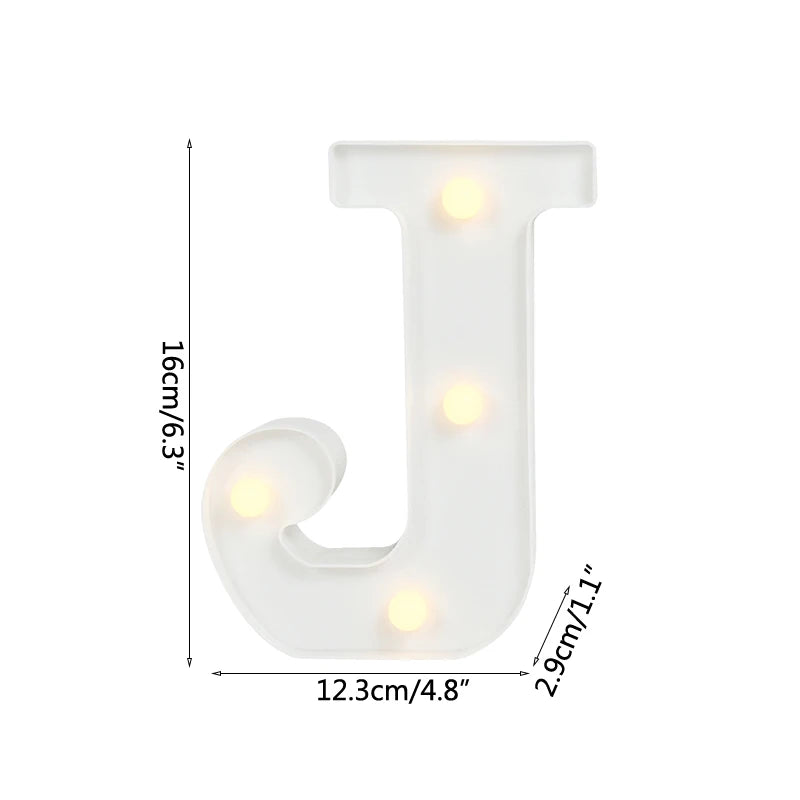A white alphabet letter light shaped like the letter J with warm white LED lights.