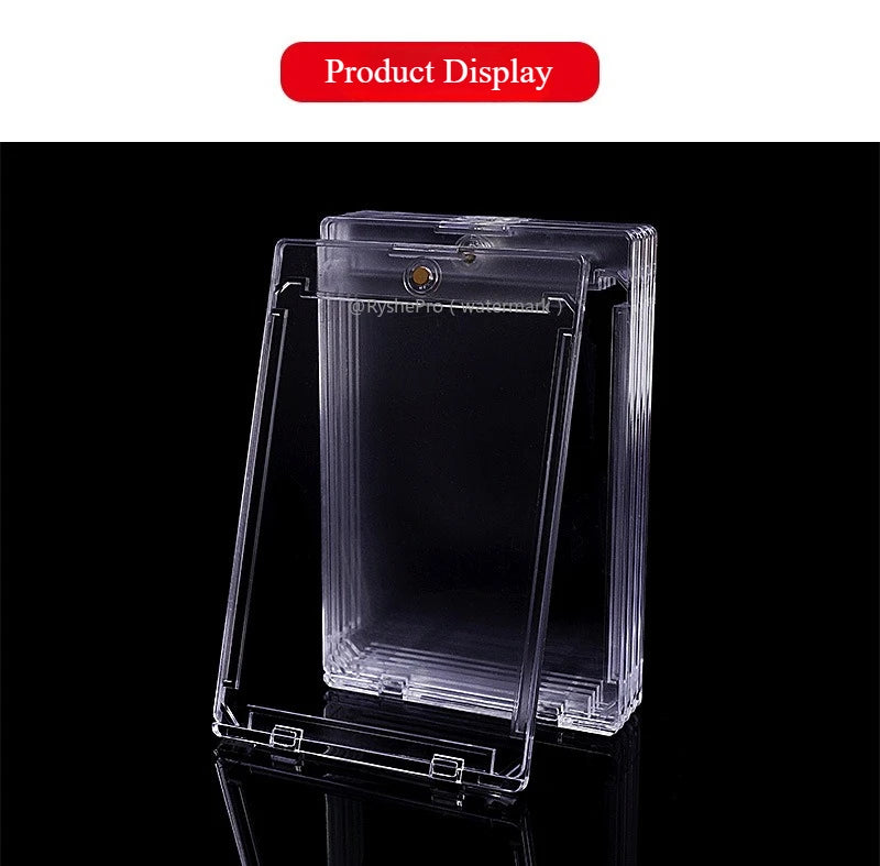 A clear plastic magnetic card holder display box with a transparent insert shown against a black background.