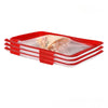 A stack of red and clear reusable food preservation trays.