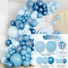 A large blue and silver balloon garland arch kit featuring various sized balloons for weddings and parties.