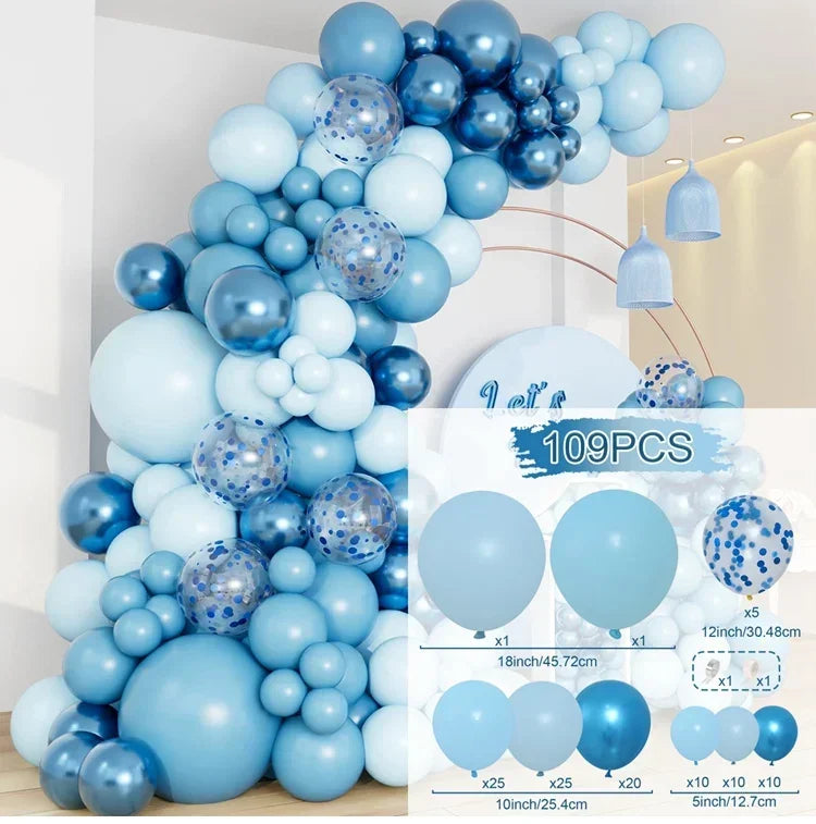 A large blue and silver balloon garland arch kit featuring various sized balloons for weddings and parties.