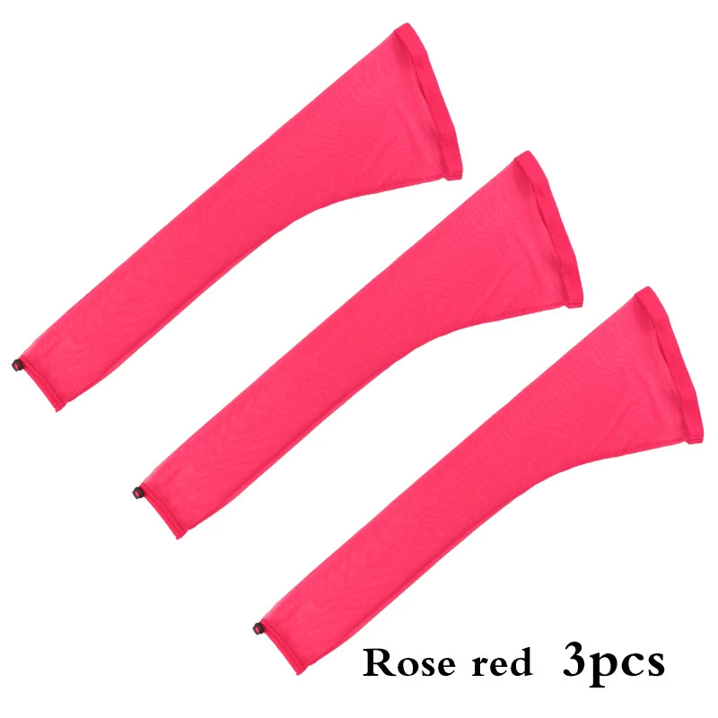 Three bright pink stretchy hair net caps with drawstring sleeves for dreadlocks