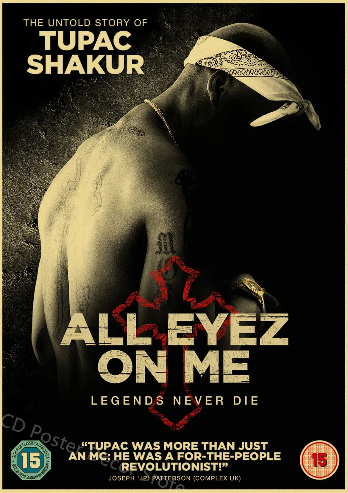A black and white poster for Tupac Shakur's All Eyes On Me featuring a portrait of the artist.