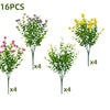 16 pieces of faux floral plants, including purple and yellow varieties, for outdoor decoration.