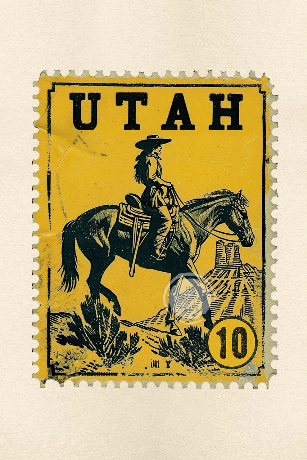 Vintage yellow postage stamp featuring a cowboy riding a horse against a desert landscape.