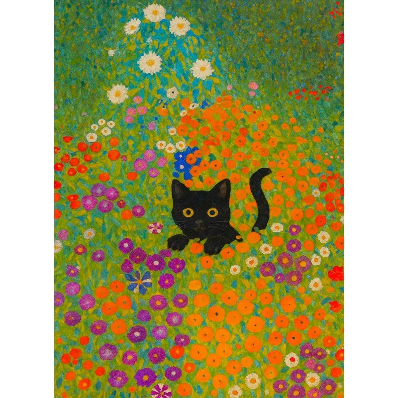 Vibrant canvas wall art featuring an orange and green field of flowers with a black cat silhouette.