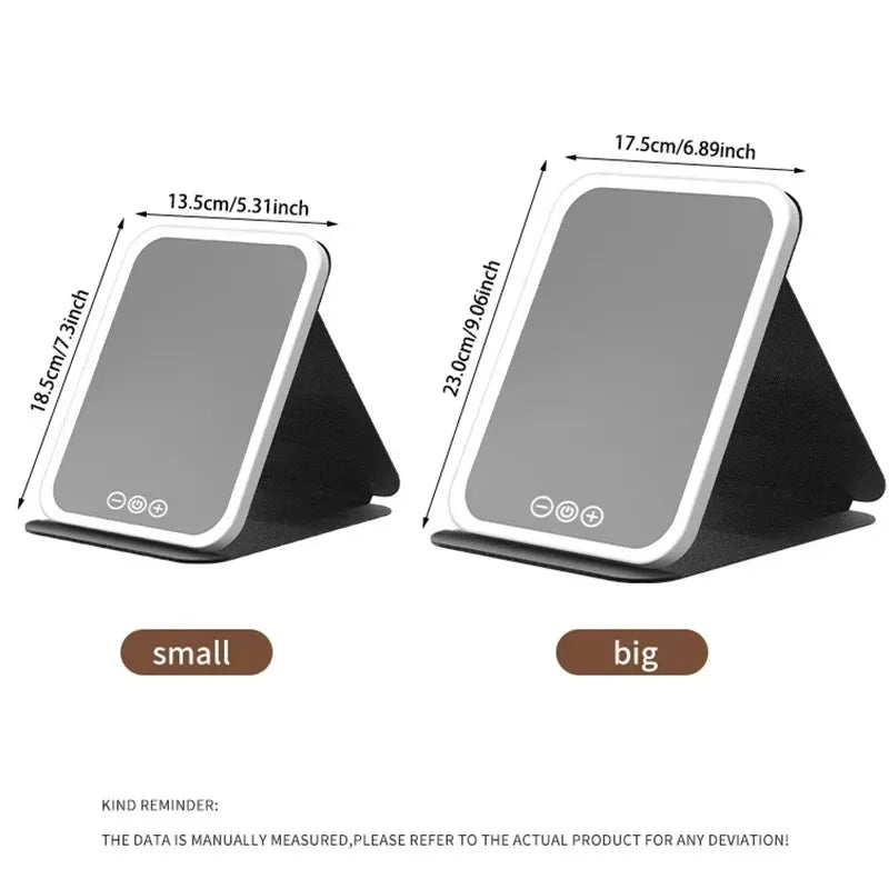 Two USB rechargeable vanity mirrors, small and big versions, shown on a black stand.