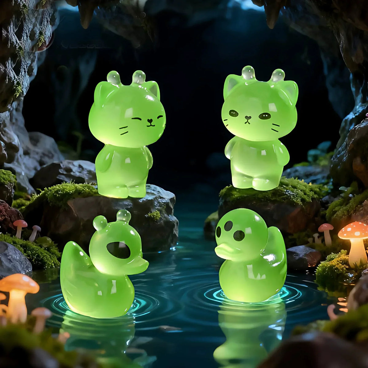 A pair of glowing green resin cat and duck charms resting on mossy rocks in a dark, cave-like setting.