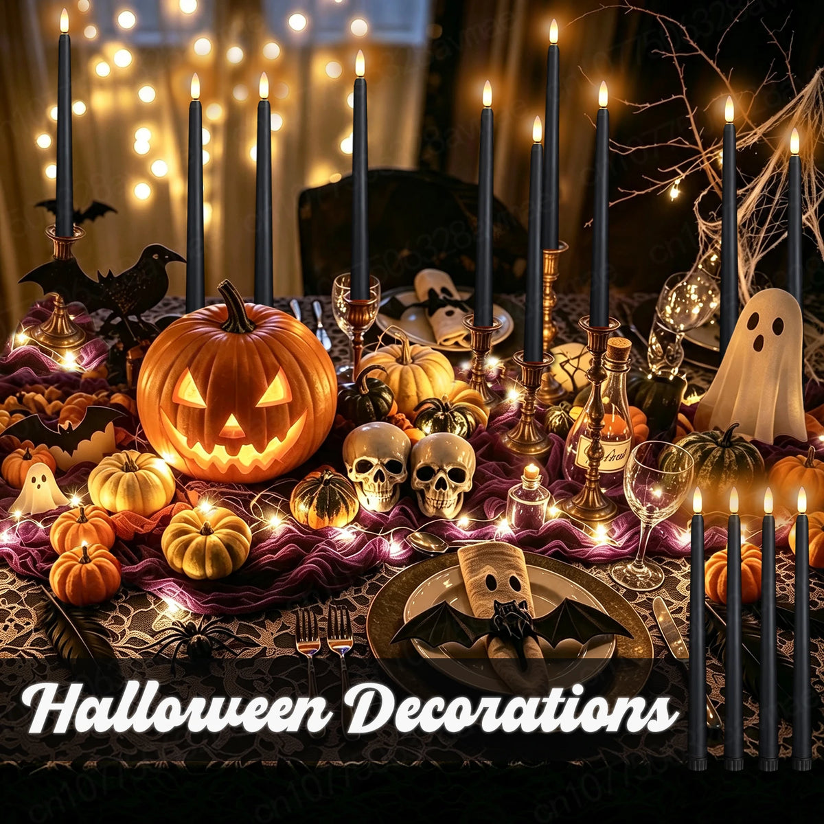 Halloween decorations featuring orange pumpkins, skulls, bats, and tall black taper candles with flickering LED flames.