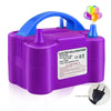 Purple electric balloon pump with a blue handle and colorful balloons