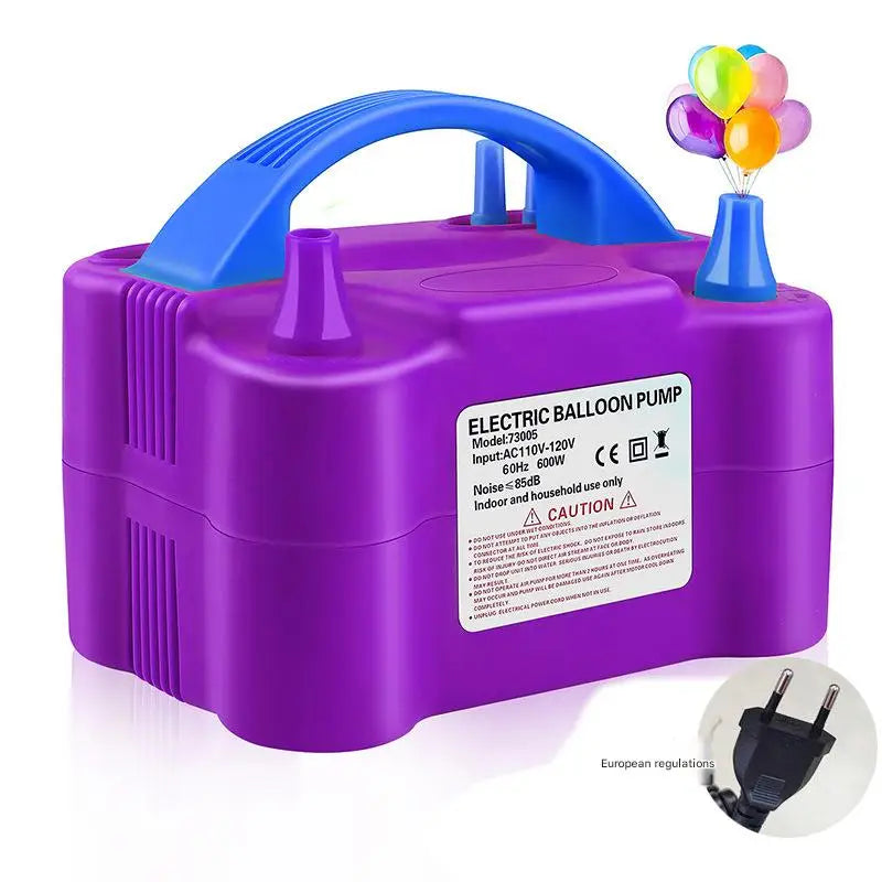 Purple electric balloon pump with a blue handle and colorful balloons