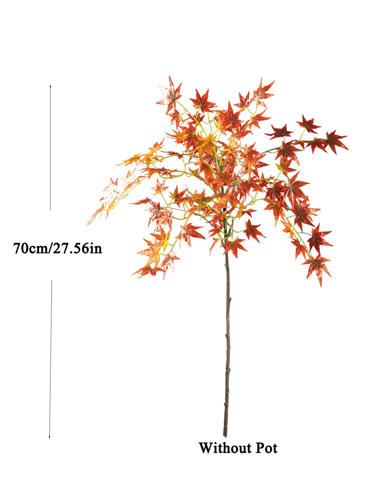 Artificial maple tree with bright orange and red silk leaves on a bare branch, shown without a pot.
