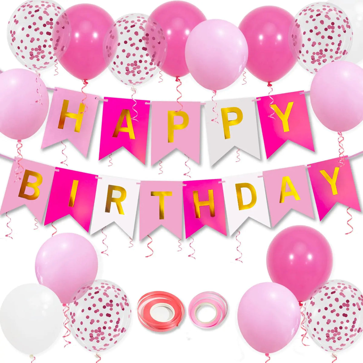 A set of pink and gold birthday decorations including balloons and a banner