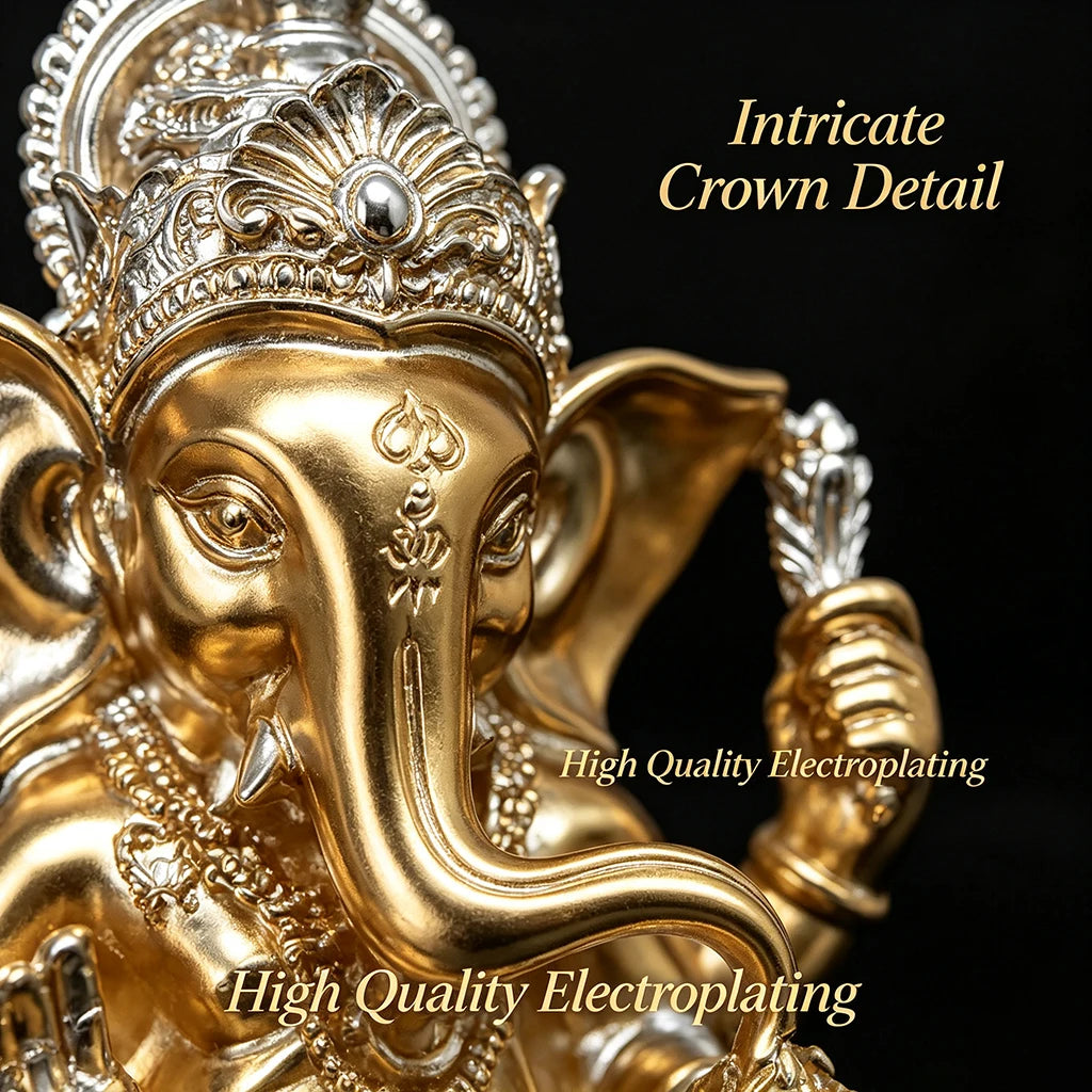 Golden Ganesha statue featuring intricate crown detail and high quality electroplating.