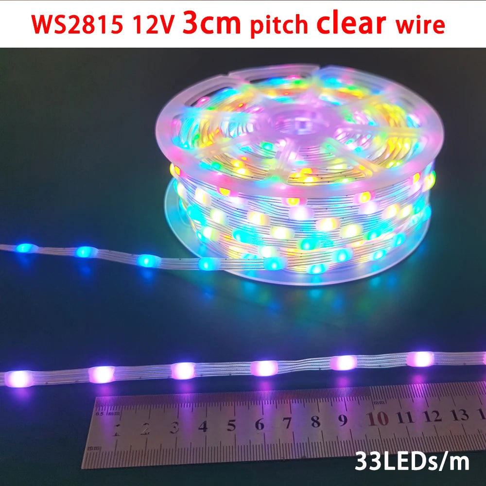 A coil of WS2815 12V 3cm pitch clear wire LED lights next to a ruler showing the light density.