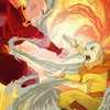 A dynamic illustration of two characters, one in red and another in yellow, battling amidst swirling orange and gray energy.