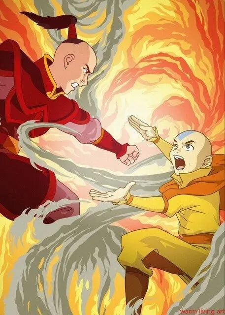 A dynamic illustration of two characters, one in red and another in yellow, battling amidst swirling orange and gray energy.