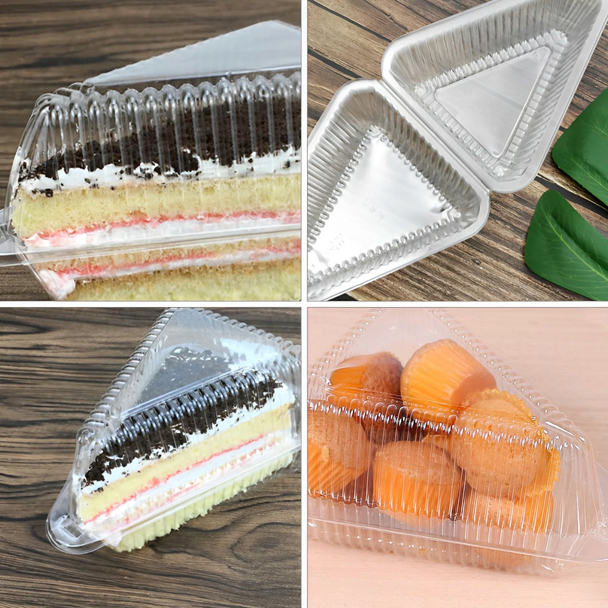Clear reusable triangle containers holding layered cake slices and orange carrots